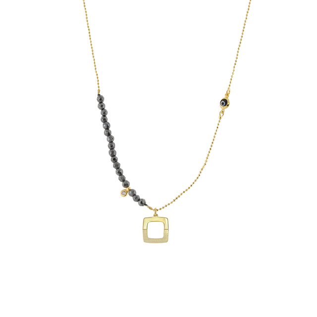 Women's Necklace Lovely 01L05-01710 Loisir Silver Gold Plated With Square Element And Hematite Stones