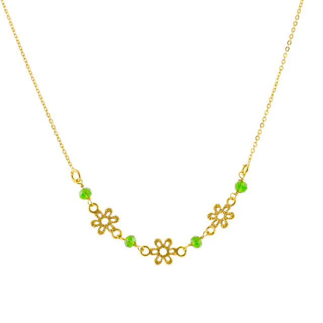 Women's Crochet Necklace 01L15-01542 Loisir Gold Plated Bronze With Perforated Flowers And Green Crystals