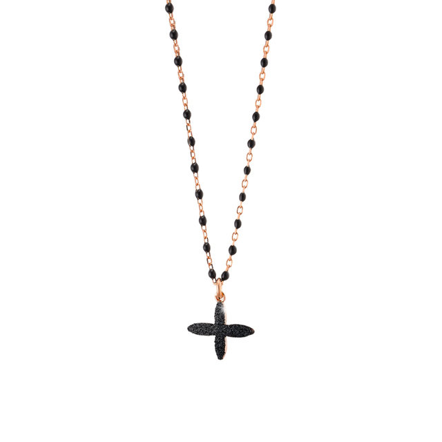 Women's Necklace Princess Loisir 01L15-01672 Bronze Rose Gold Plated With Rosary, Cross And Black Glitter
