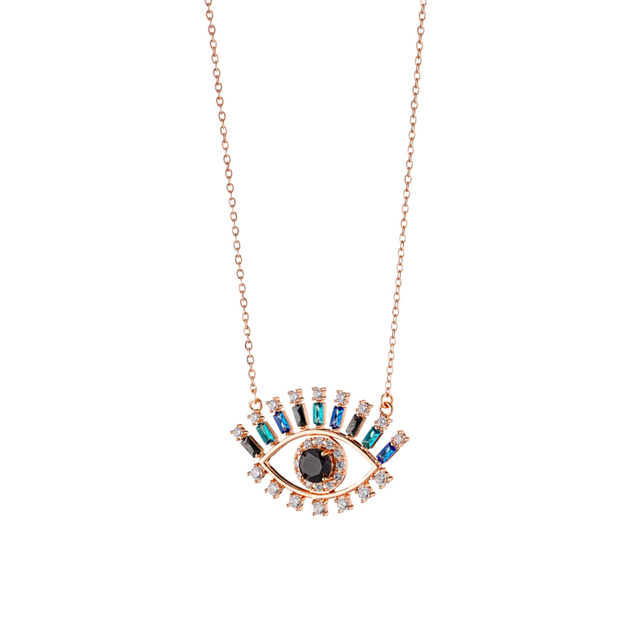 Women's Necklace Look At Me 01L15-01710 Loisir Brass Rose Gold Eye With Black, Blue And White Zirconia