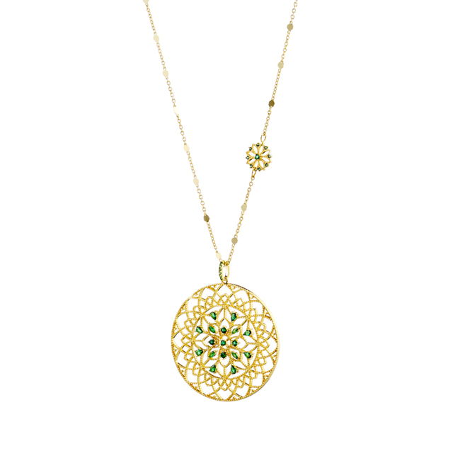 Women's Necklace Lace 01L15-01725 Loisir Brass Gold Plated Long With Perforated Elements And Green Zircons