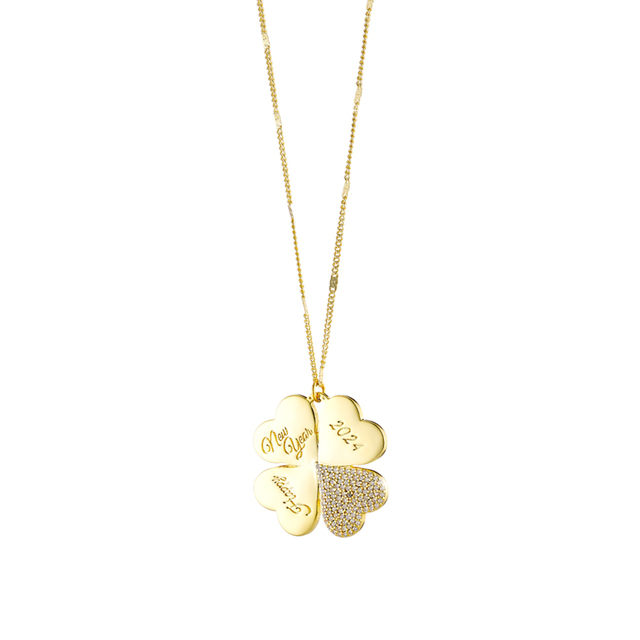 Women's Loisir 01L15-01735 Long Lucky Charm Gold-Plated Metal Necklace With Clover And White Zircons 3 cm 