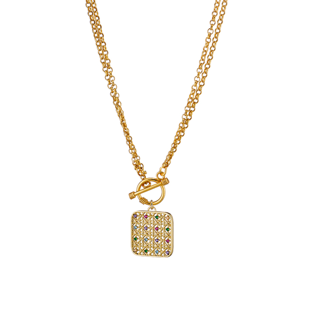Women's Necklace Basket 01L15-01803 Loisir Brass Gold Plated With Square Element Double Chain And Colorful Zirconia