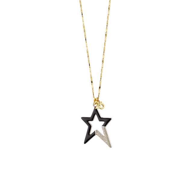 Women's Lucky Charm Necklace 01L15-01939 Loisir Gold Plated Metal Star With Black Enamel And Silver Glitter