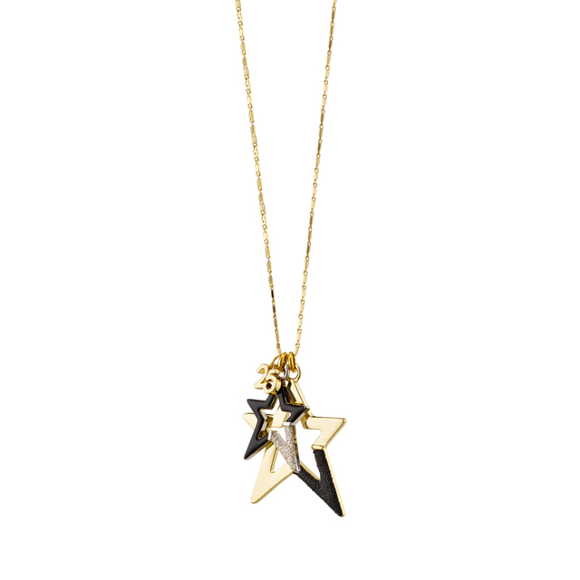 Γυναικείο Κολιέ Lucky Charm 01L15-01945 Loisir Μεταλλικό Επίχρυσο Με Αστέρια Με Ασημί Και Μαύρο Glitter