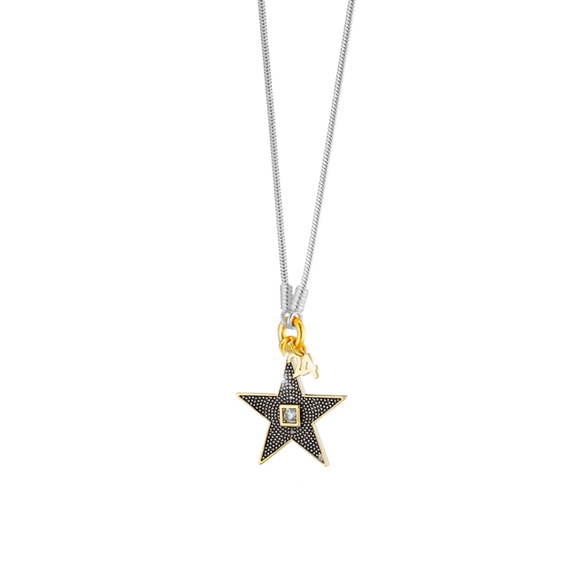 Women's Lucky Charm Oxette 01X15-00396 Metallic Silver Long Necklace With Gold-Plated Star And White Zircons 2.8 cm