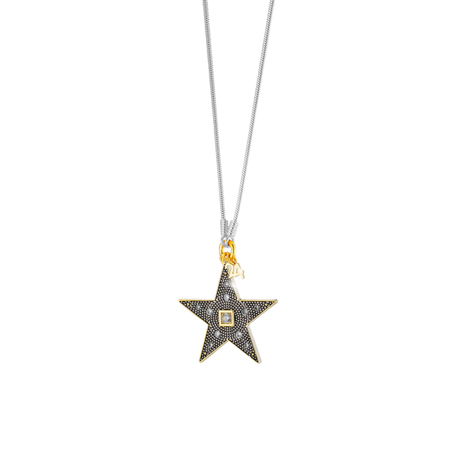 Women's Lucky Charm Oxette 01X15-00398 Metallic Silver Long Necklace With Gold-Plated Star And White Zircons 3.9 cm