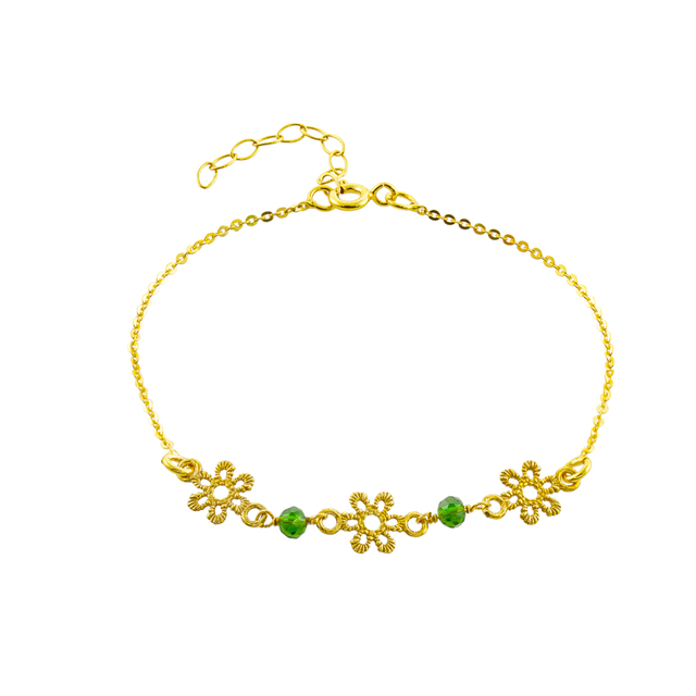 Women's Crochet Bracelet 02L15-01419 Loisir Bronze Gold Plated With Perforated Flowers And Green Crystals