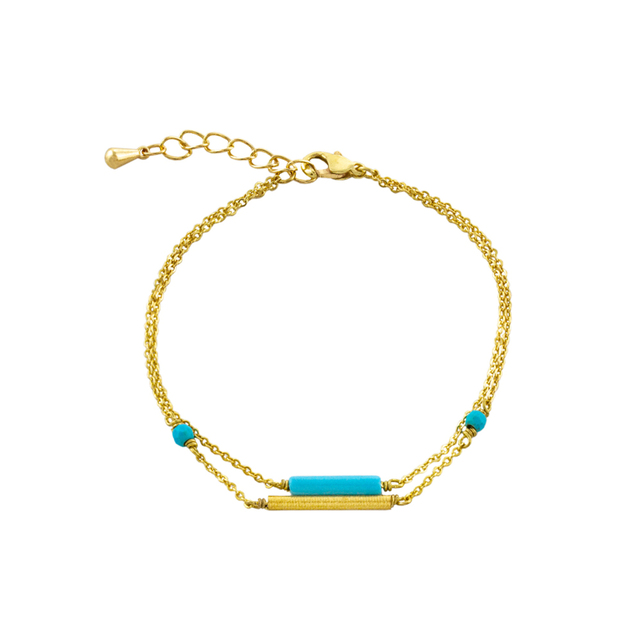 Women's Bracelet 02L15-01452  LOISIR Bronze Gold Plated Double Chain Turquoise Stones