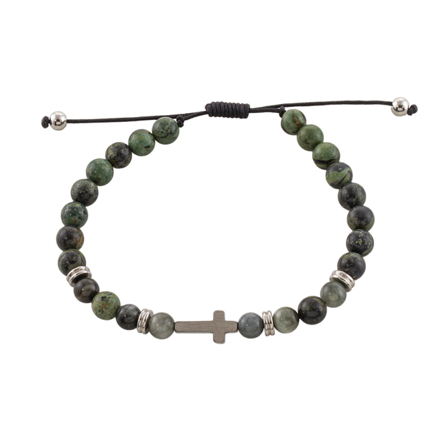 Men's Oxette 02X03-00505 Stainless Steel Macrame Bracelet With Green Stones And Cross