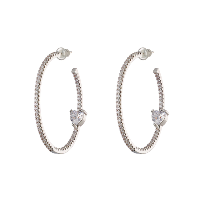 Women's Earrings Happy Hearts Loisir 03L15-01101 Brass Silver Plating Hoops With White Heart And Zircon