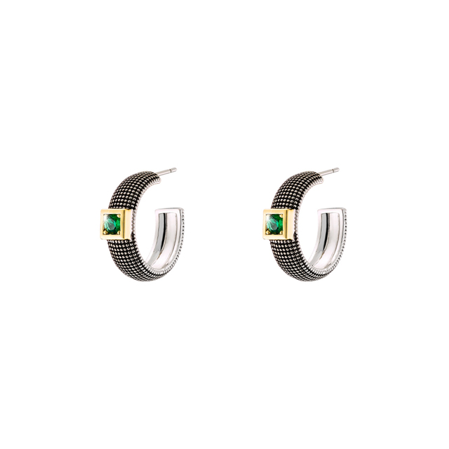 Women's Natrix Hoop Earrings 03X15-00537 Oxette Bronze Black / Gold Plated (Oxidized) With Green Zircons