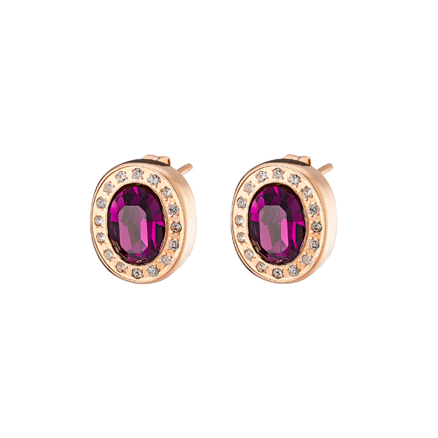 Women's Earrings Extravaganza  03X27-00276 Oxette Steel Rose Gold With Oval Purple And Round White Crystals