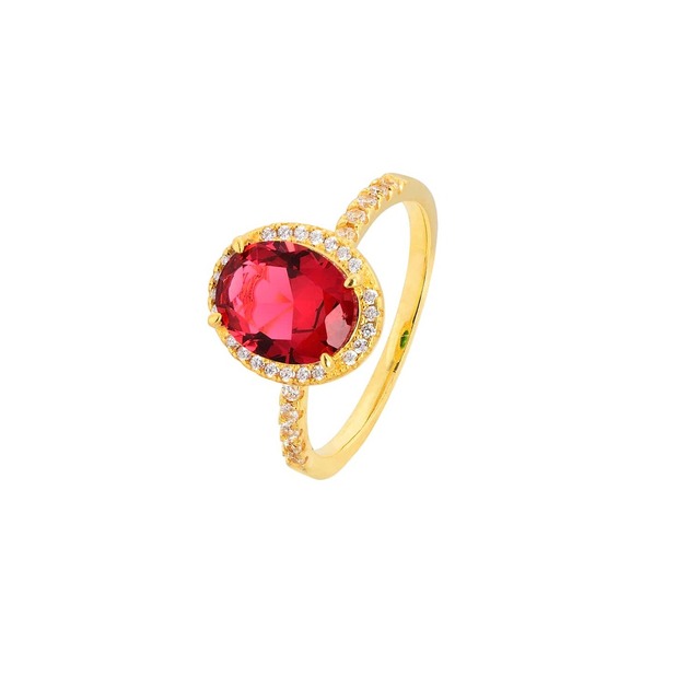 Women's Rosette Ring 1B-RG109-3R Prince Silver 925 Gold Plated Red and White Zircons