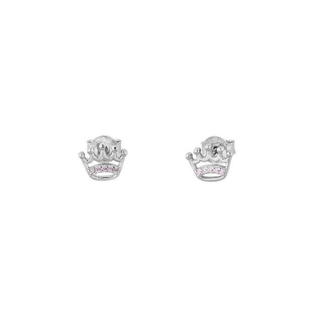 Women's Stud Earrings Crown Silver 925-Pink Zircon Platinum Plated 2ZK-SC071-1P Prince