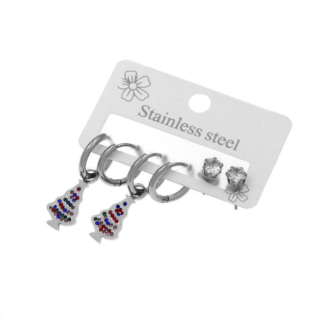 Combo Children's Christmas Earrings Fir Tree Multicolored Zircons-Steel 316L 303101350.006