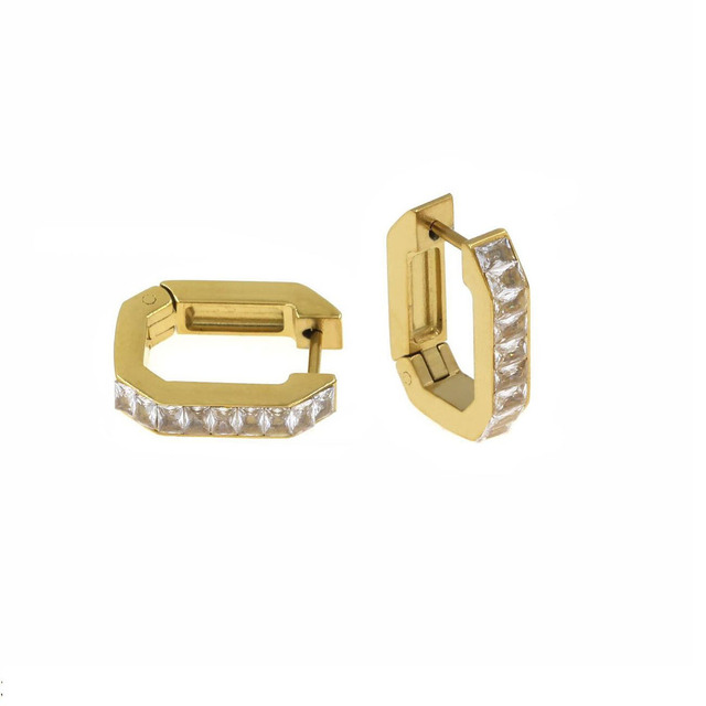Women's Octagon Hoop Earrings 17mm With Baguette White Zircon S.Steel 316L Gold IP 303101685.100