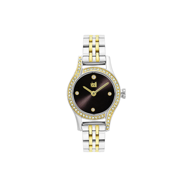 Women's Watch Nightfall 62Z-SW024GB Visetti 316L Steel-Gold Plating IP-White Zircons CZ-Black Dial