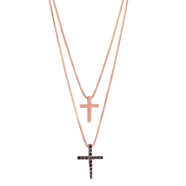 Double Necklace Silver 925 Cross Black Zircons Rose 9B-KD158-2B