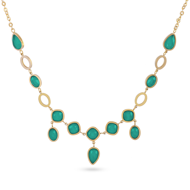Women's Necklace Drops Orchid Steel-Gold Plated With Green Crystals DCO040B Anartxy