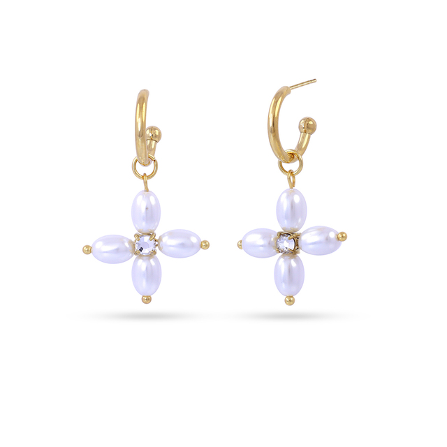 Women's Long Hoop Earrings Essentials Shai DPE230A1 Surgical Steel 316L Gold Plated IP-White Pearl-White Zircon Anartxy