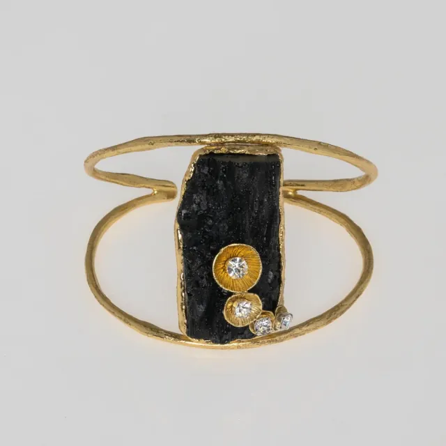 Γυναικείο Χειροποίητο Cuff Βραχιόλι Nest | GB1870 Kalliope Ορείχαλκος Με Μαύρη Ρητίνη Και Λευκά Κρύσταλλα
