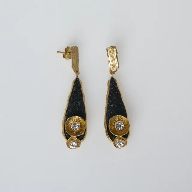 Women's Handmade Long Earrings Nest | GS1870 Kalliope Brass With Black Resin And White Crystals