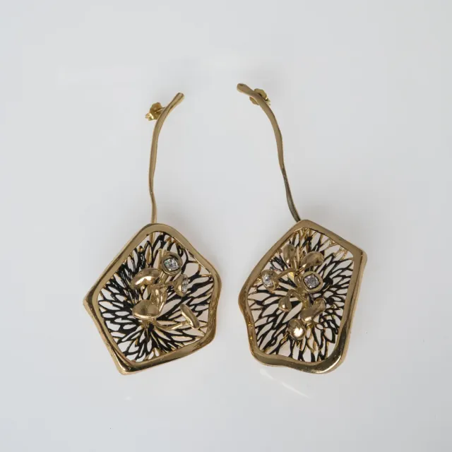 Women's Handmade Long Earrings Gloom | GS1889 Kalliope Brass-Black Oxidation-White Crystals