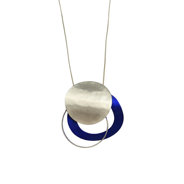 Women's Handmade Necklace 3 Circles Lila Mode K313-BS Brass Silver Plated-Blue IP