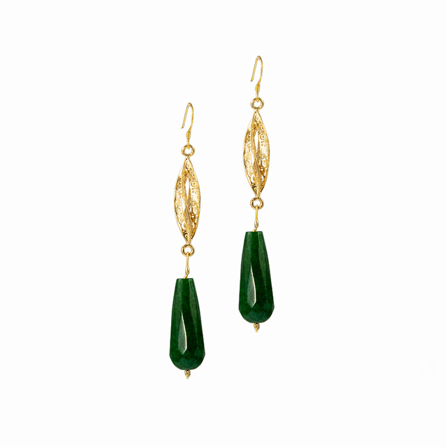 Women's Earrings Big Tear KRAMA JEWELS Silver 925-Gold Plated Green Jade KS00866