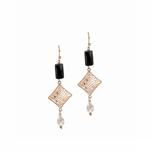 Women's Earrings KRAMA JEWELS Silver 925-Pink Gold Plated Black Onyx-White Quartz KS0556