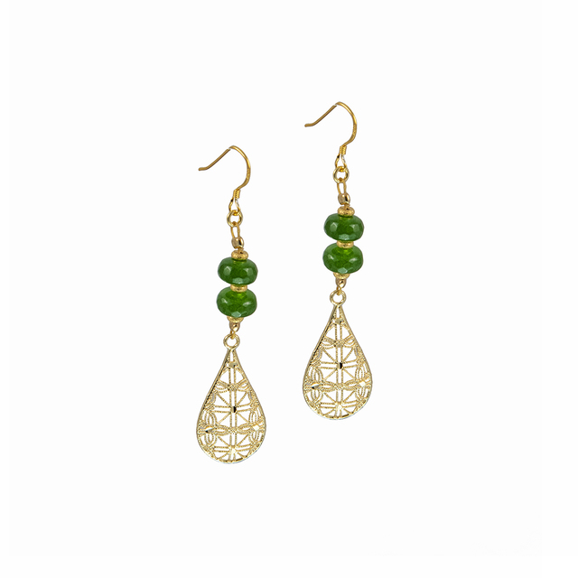 Women's Earrings Big Tear KRAMA JEWELS Silver 925-Gold Plated Green Jade KS0668