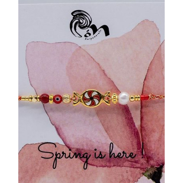 Women's Handmade  Bracelet  For March Candy And Pearl Brass-Gold IP M041