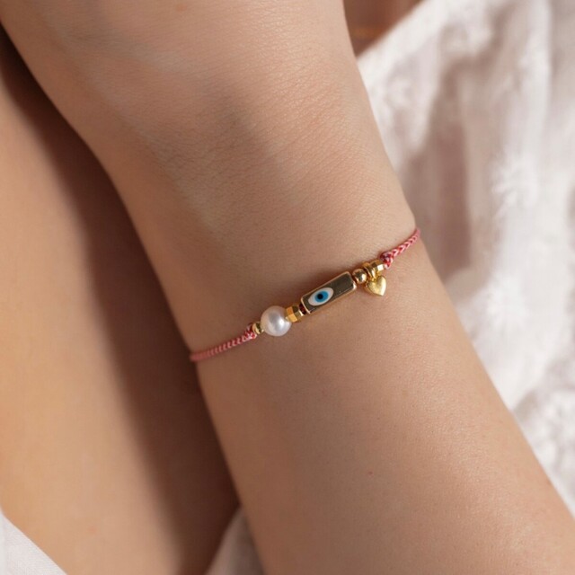 Women's Handmade  Bracelet  For March Eye-Pearl-Heart Brass-Gold IP M006