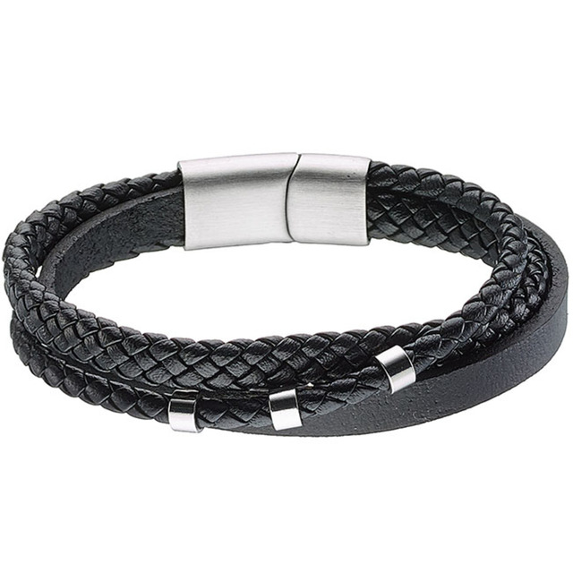 Men's Bracelet Black Leather-Steel 316L N-00466 Artcollection