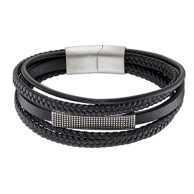 Men's Bracelet Black Leather-Steel Black IP N-00474 Artcollection