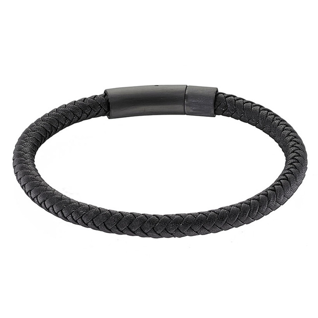 Men's Bracelet Black Leather-Steel Black IP N-00480 Artcollection