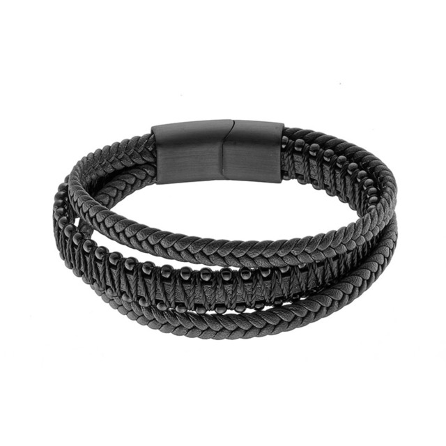 Men's Bracelet Black Leather-Steel Black IP N-00501BL Artcollection