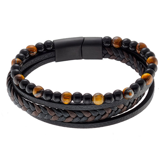 Men's Bracelet Black and Brown Leather-Steel-Black Onyx-Tiger's Eye N-00525 Artcollection