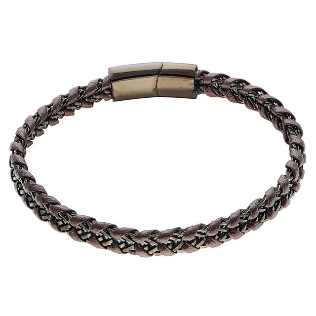 Men's Bracelet Brown Leather-Steel Black IP N-00551 Artcollection