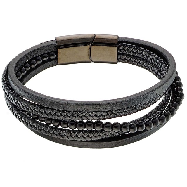 Men's Bracelet Black Leather-Steel Black IP-Black Onyx N-00554 Artcollection
