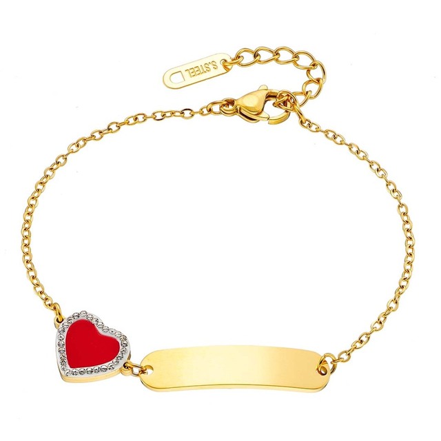 Women's Chain ID Bracelet With Heart-Crystals And Red Enamel Steel N-01018 Artcollection