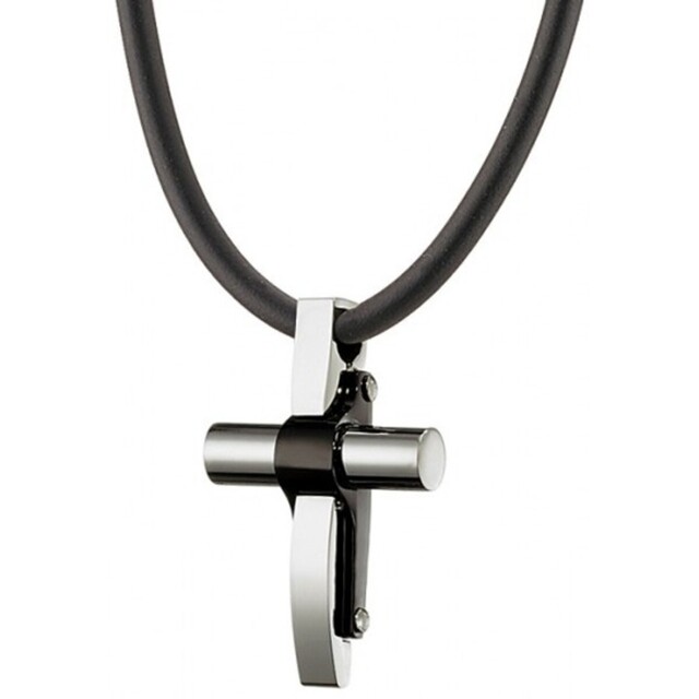 Men's Cross Necklace Rubber-Steel-Black IP N-01264 Artcollection