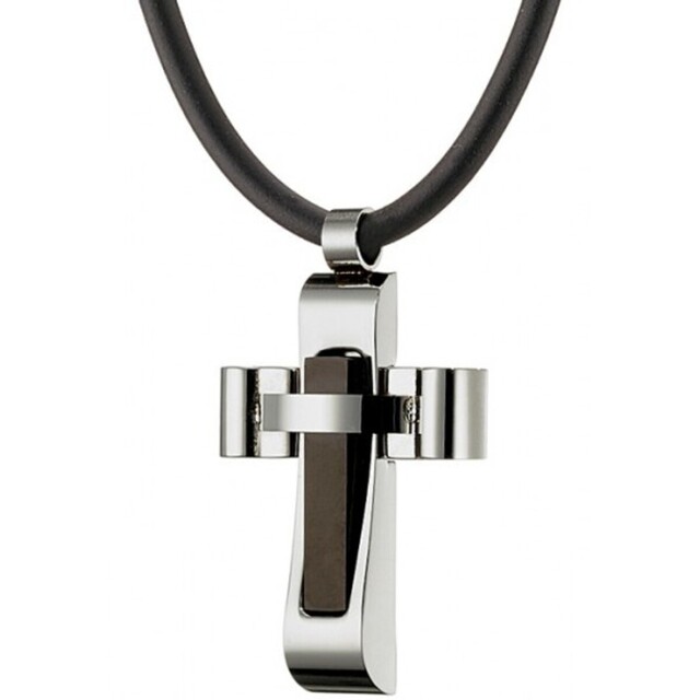Men's Cross Necklace Rubber-Steel-Black IP N-01265 Artcollection