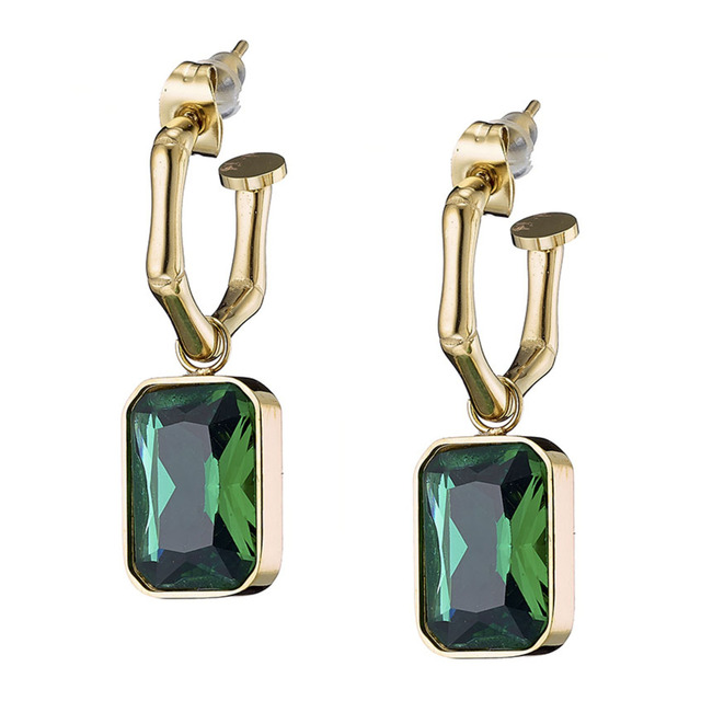 Women's Earrings Green Crystal Steel Gold IP N-02186G Artcollection