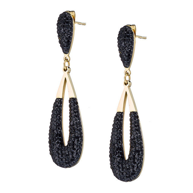 Womens Long Earrings - Black Crystals Steel 316L-Gold IP N-02192G Artcollection
