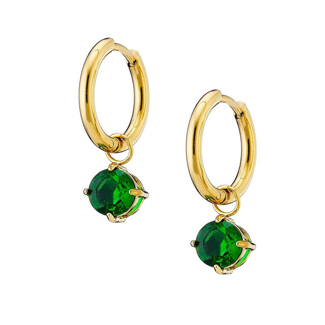 Women's Hoop Earrings Surgical Steel 316L And Gold IP With Green Zircon N-02279 Artcollection