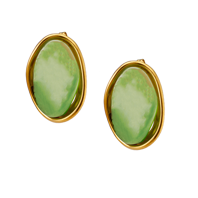 Women's Oval Earrings  With Colored Stone Steel Gold IP N-02362 Artcollection
