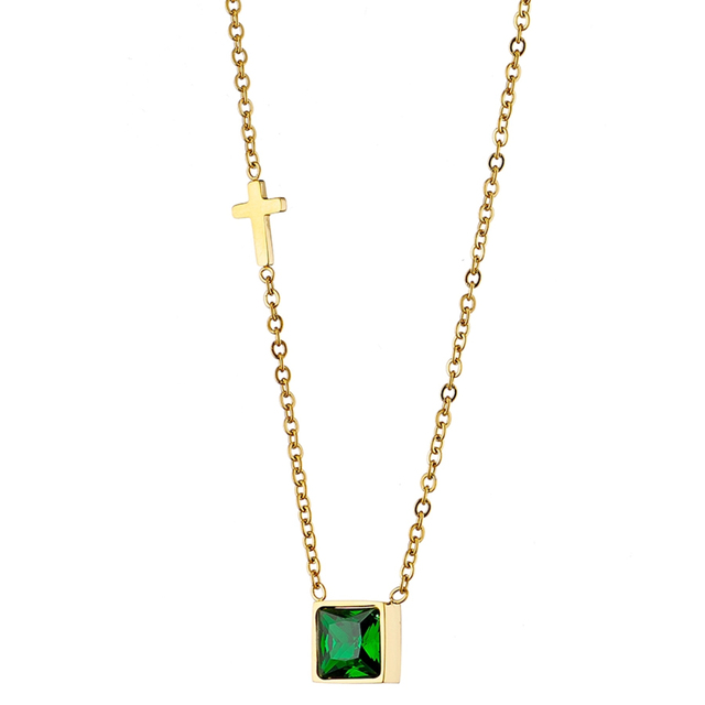 Women's Necklace N-07169G Artcollection Steel 316L- Gold IP-Green Zircon