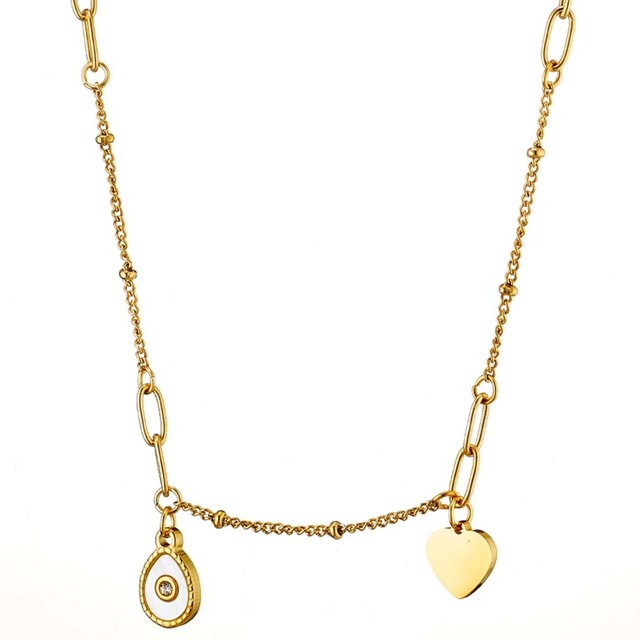 Women's Short Necklace Heart And Eye Steel And Gold Plating IP White Mother Of Pearl N-07277 Artcollection